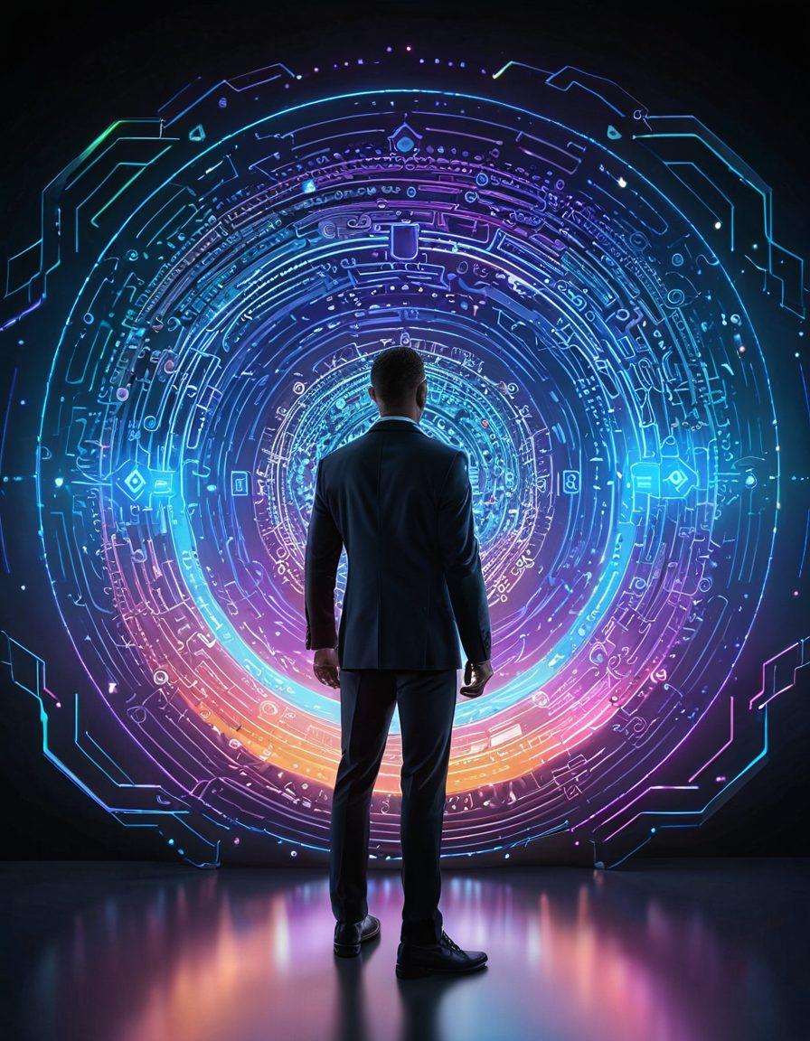 A visually striking representation of a digital landscape with a person standing confidently in front of a holographic shield, symbolizing security awareness. Surrounding them are icons of various digital practices like password protection, encryption, and two-factor authentication, glowing with vibrant colors. The background features abstract cyber patterns to emphasize the digital theme. super-realistic. vibrant colors. 3D.