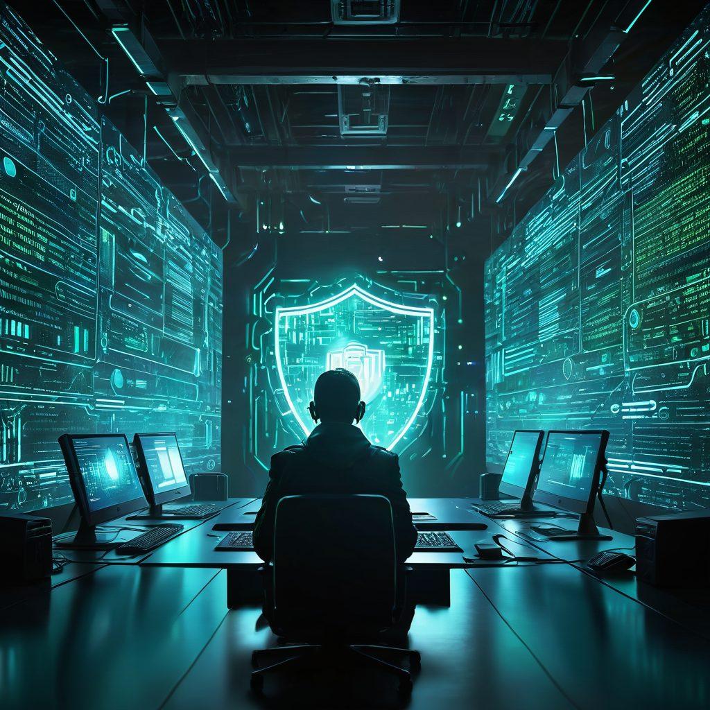 A digital fortress encircled by flowing binary code, symbolizing strong data security shielding against shadowy cyber threats lurking in the background. Include a glowing shield overlay representing proactive measures and tips, with computer screens showcasing tips for data privacy. The color scheme should be vibrant and futuristic with a mix of blue and green tones, creating a sense of urgency and protection. super-realistic. vibrant colors. cyberpunk.