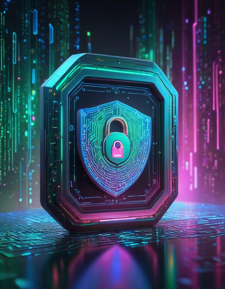 A futuristic digital lock glowing in neon shades, surrounded by floating holographic shields and binary code cascading in the background. Elements such as a padlock, shield icons, and a computer screen displaying security graphs should be integrated to symbolize online security. The scene should be dynamic, hinting at both technology and safety. cyberpunk. vibrant colors. 3D.